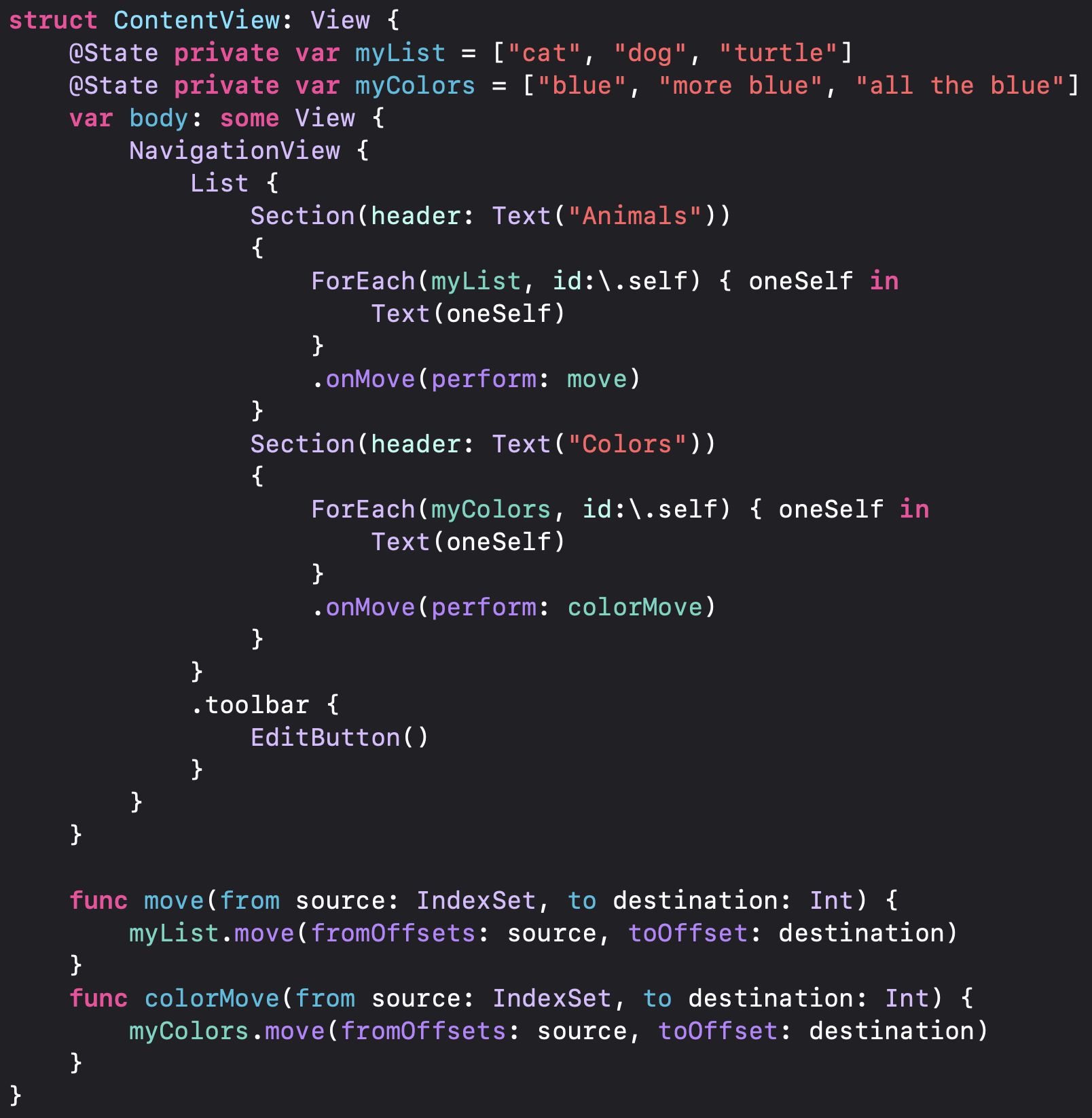 SwiftUI code for moving items in two simple Lists.