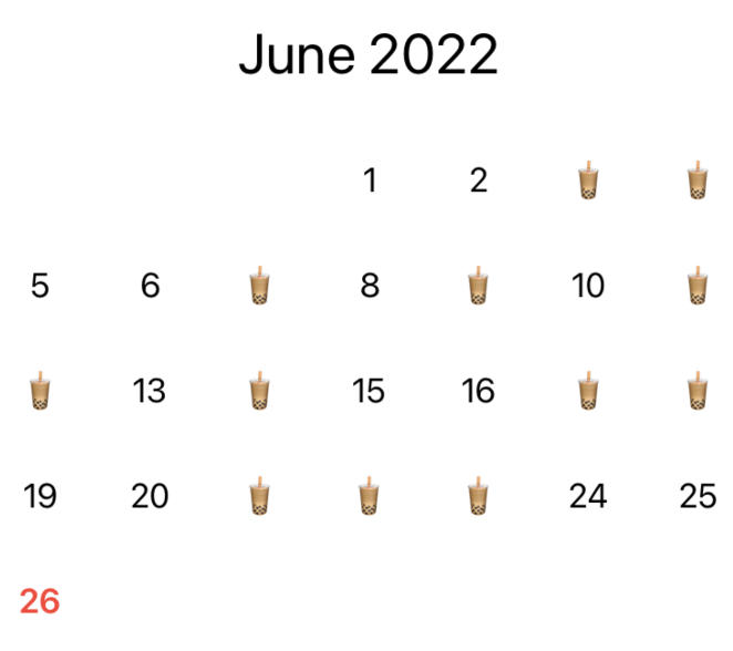 The month of June with boba tea emojis covering several days.