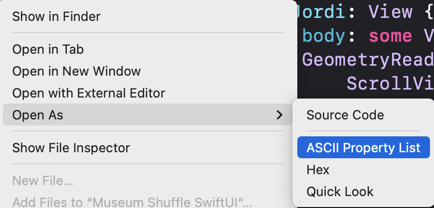 Xcode submenu to open a file as an ASCII Property List.