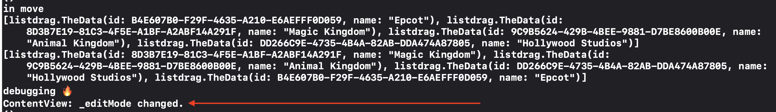 SwiftUI debugging output that shows that SwiftUI is recognizing the change to Edit mode.