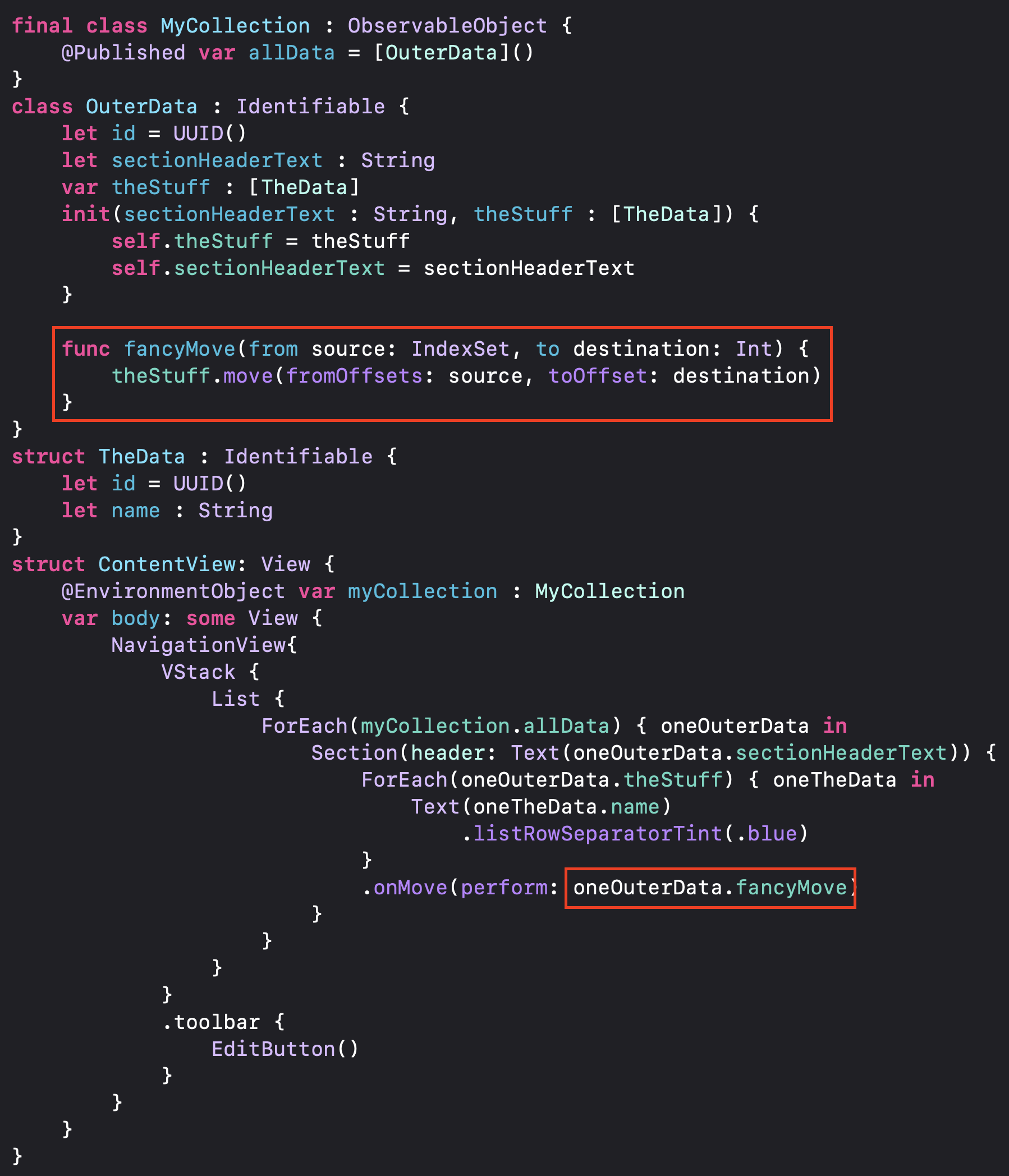 SwiftUI code where the move function is put inside of each object.