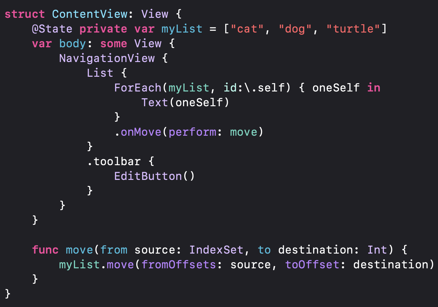 SwiftUI code for moving items in a simple List.