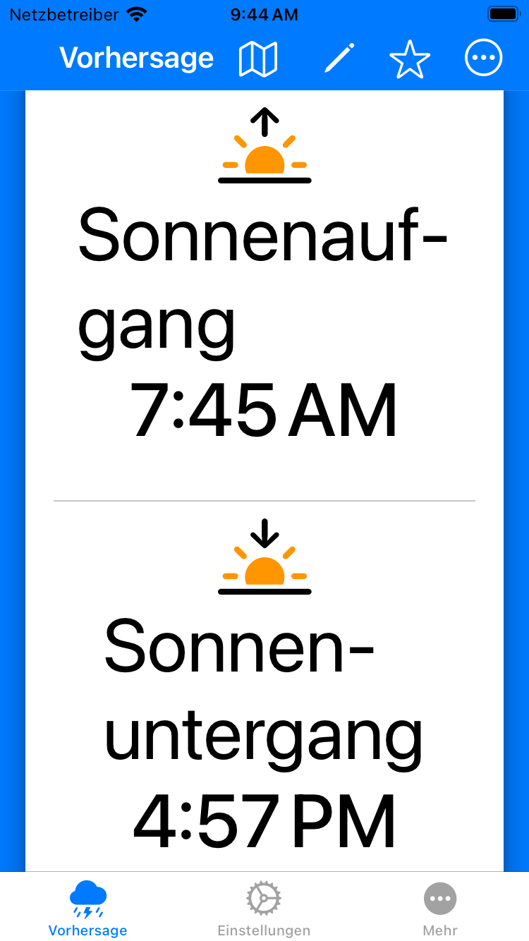 Part of the forecast with large German text. It&rsquo;s showing Sonnenuntergang and Wind data.