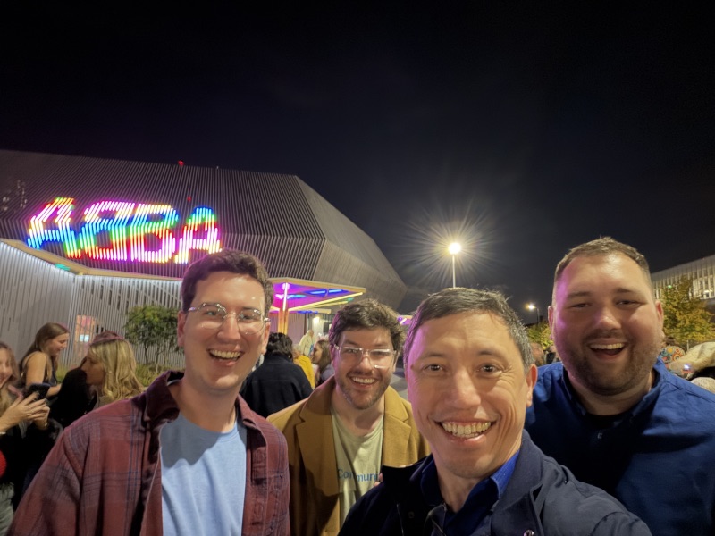Me, Will, Adrian, and Matt taking a selfie at ABBA arena.