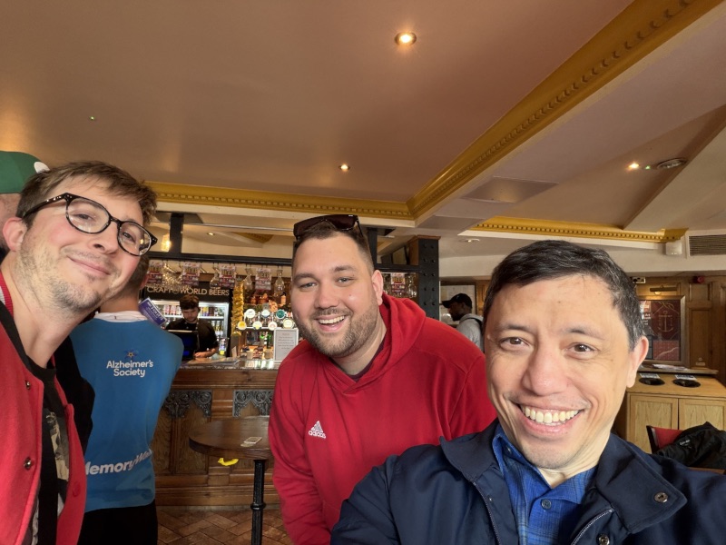 Me, Shaun, and Matt taking a selfie in a pub.