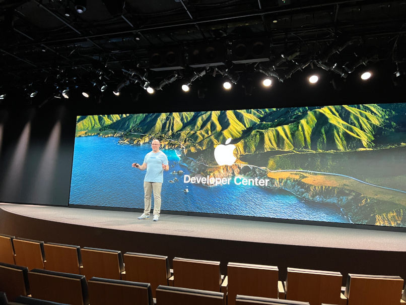 Inside the Apple Developer Center keynote room.