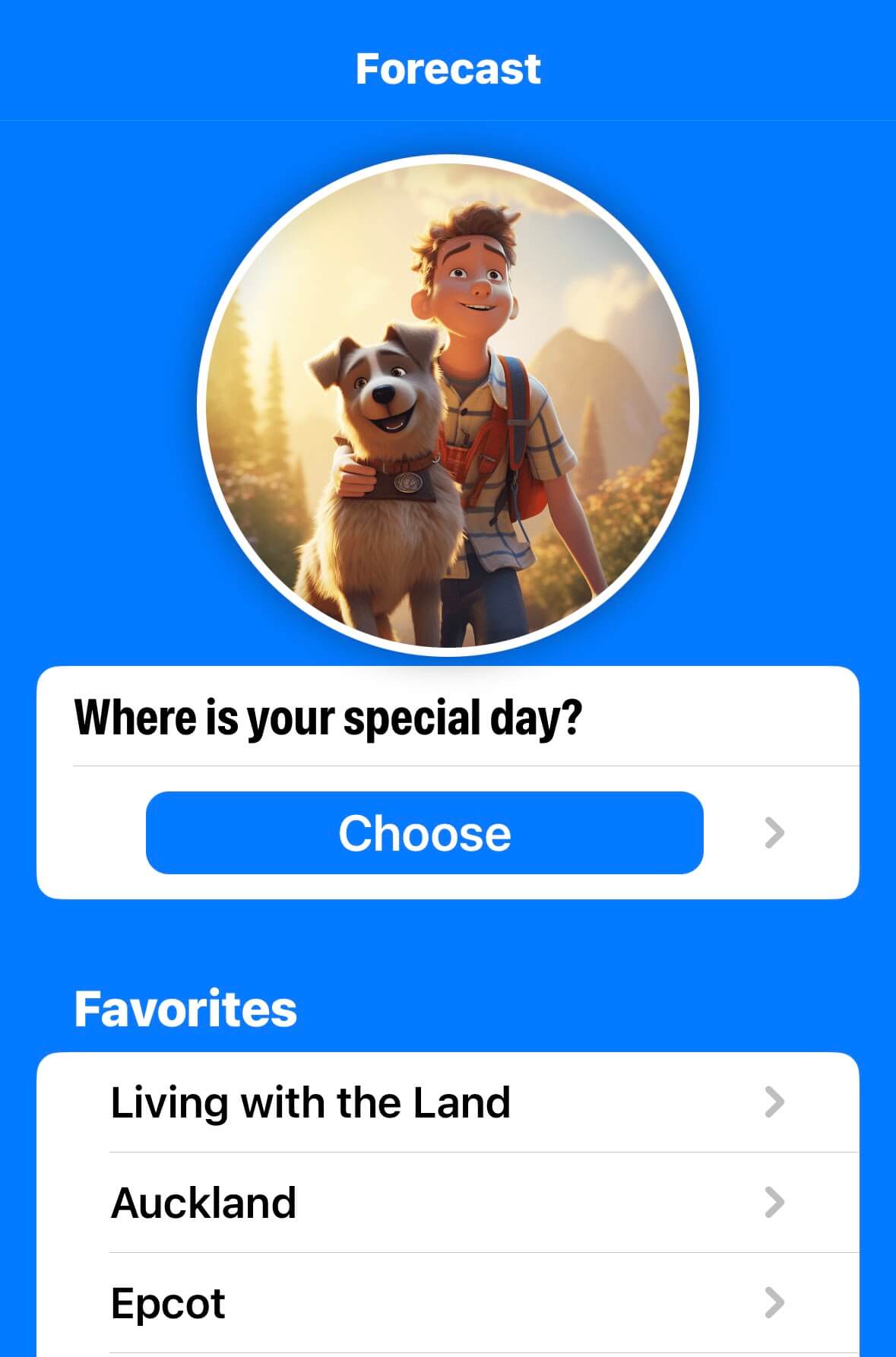 The new starting screen when you have saved favorites. It&rsquo;s showing an image of a man and his dog stopping on a walk during a sunny day.