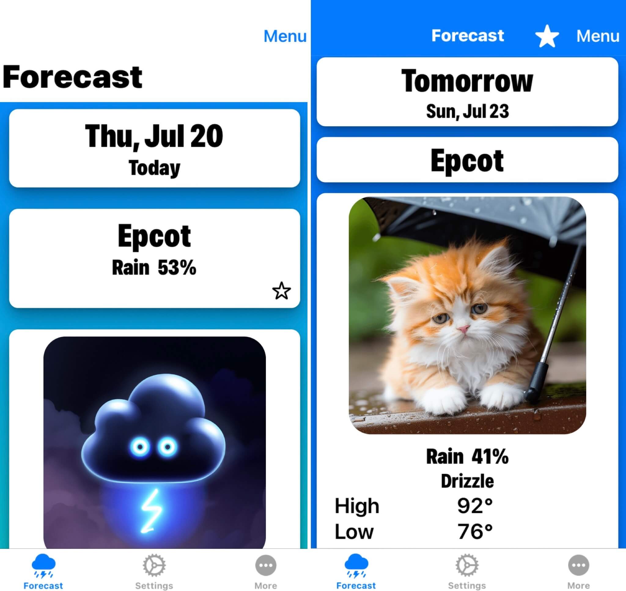 The new forecast screen. It shows more data and it&rsquo;s also showing an image of a cute kitten under an umbrella on a day.