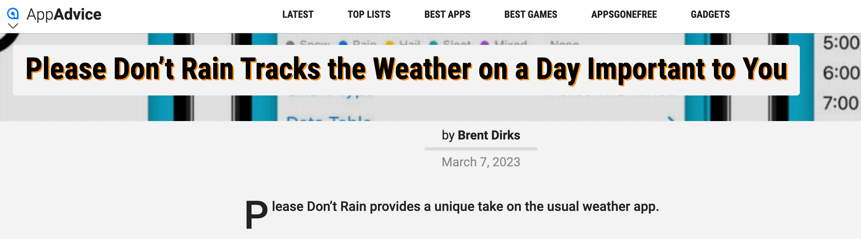 “Please Don’t Rain tracks the weather on a day important to you” is title of the review.