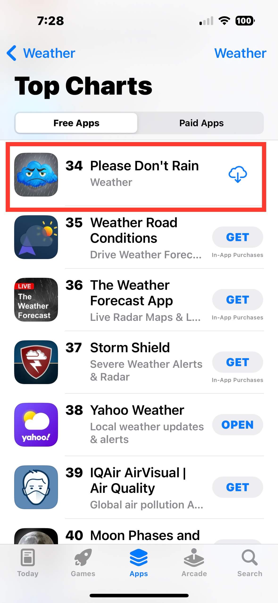 A screenshot of the App Store Top Charts for weather apps. The app is at number 34.