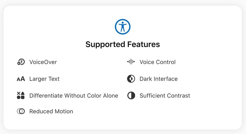 An accessibility nutrition label showing the accessibility features of Please Don’t Rain.