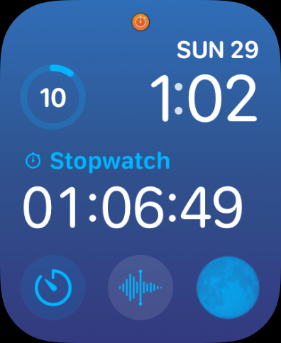 The modular watch face. The digital time is in the top right corner. A large digital stopwatch is in the center.