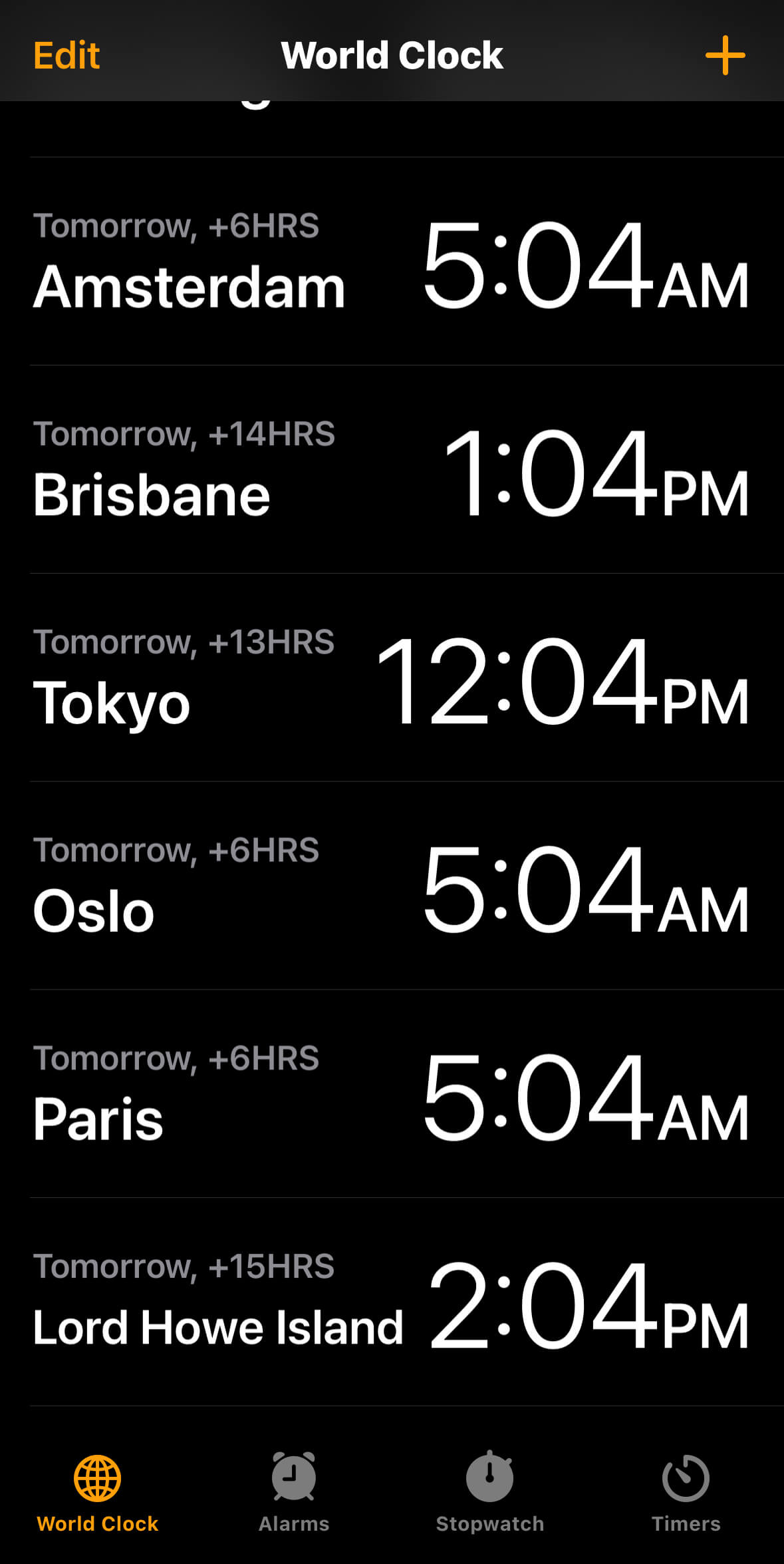 The World Clock tab of the iOS Clock app showing the time in several countries with digital clocks.