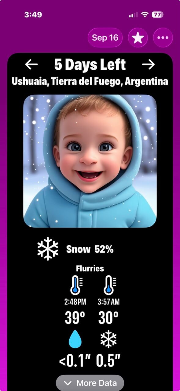 A screenshot of Please Don’t Rain showing a snowy forecast for Ushuaia with a smiling baby image.