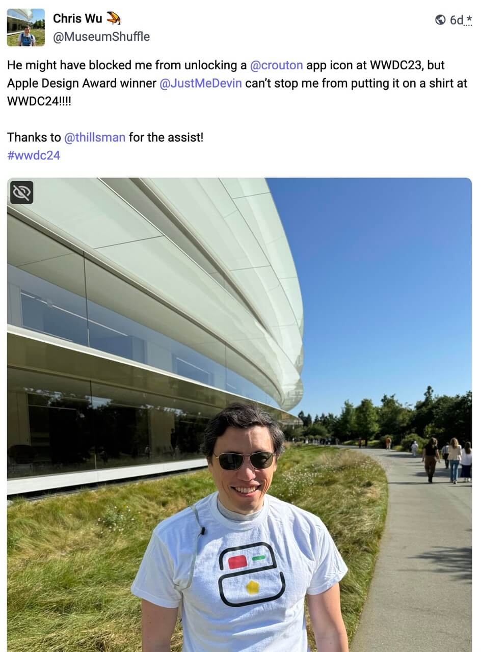 Picture of me wearing a Crouton app icon shirt at Apple Park.