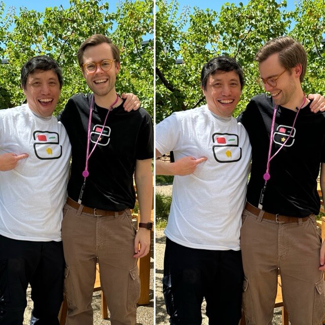 Picture of me and Devin wearing Crouton app icon shirts at Apple Park.