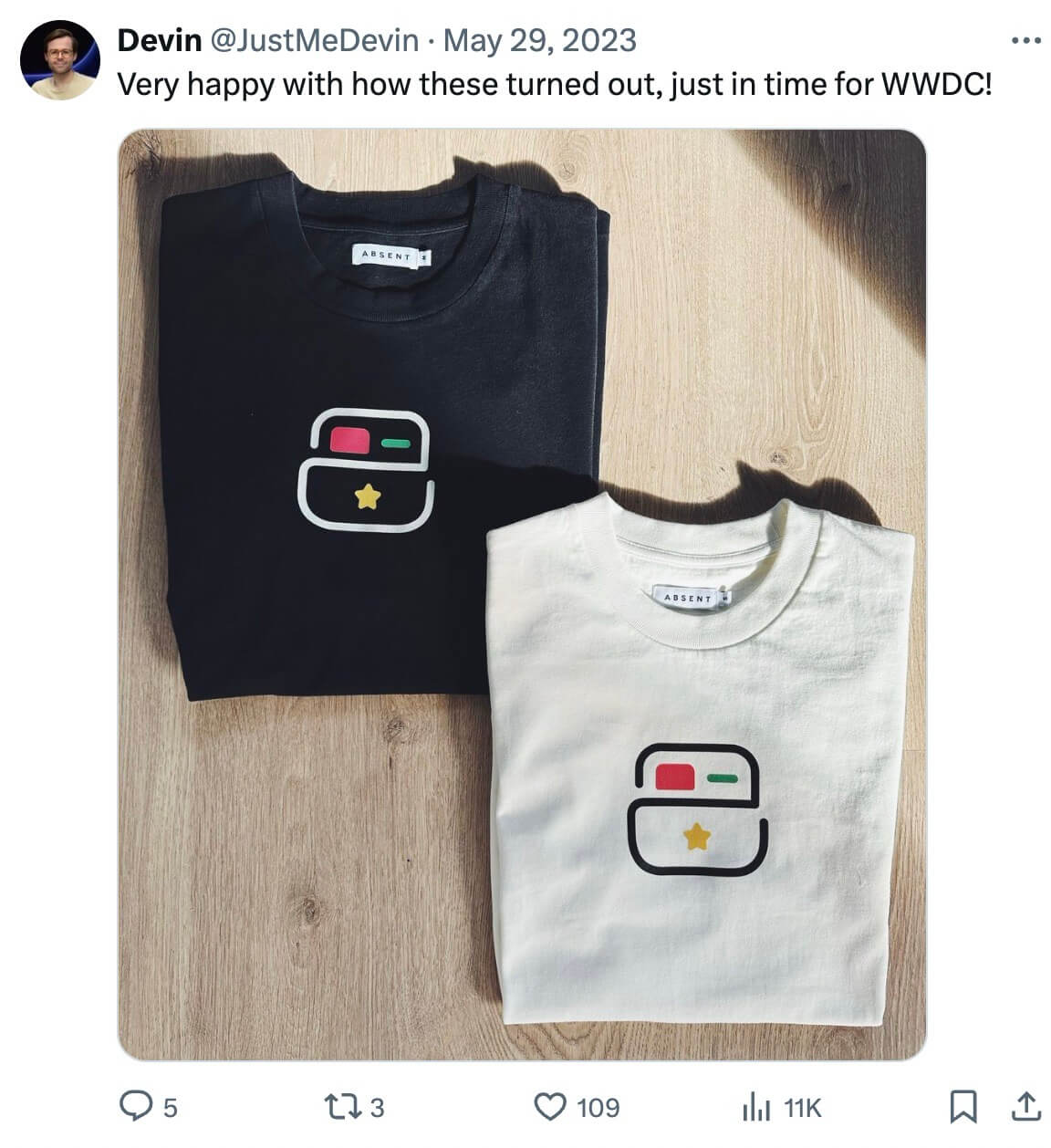 Tweet from Devin: “Very happy with how these turn out, just in time for WWDC!” There are two shirts with Crouton icons on them.