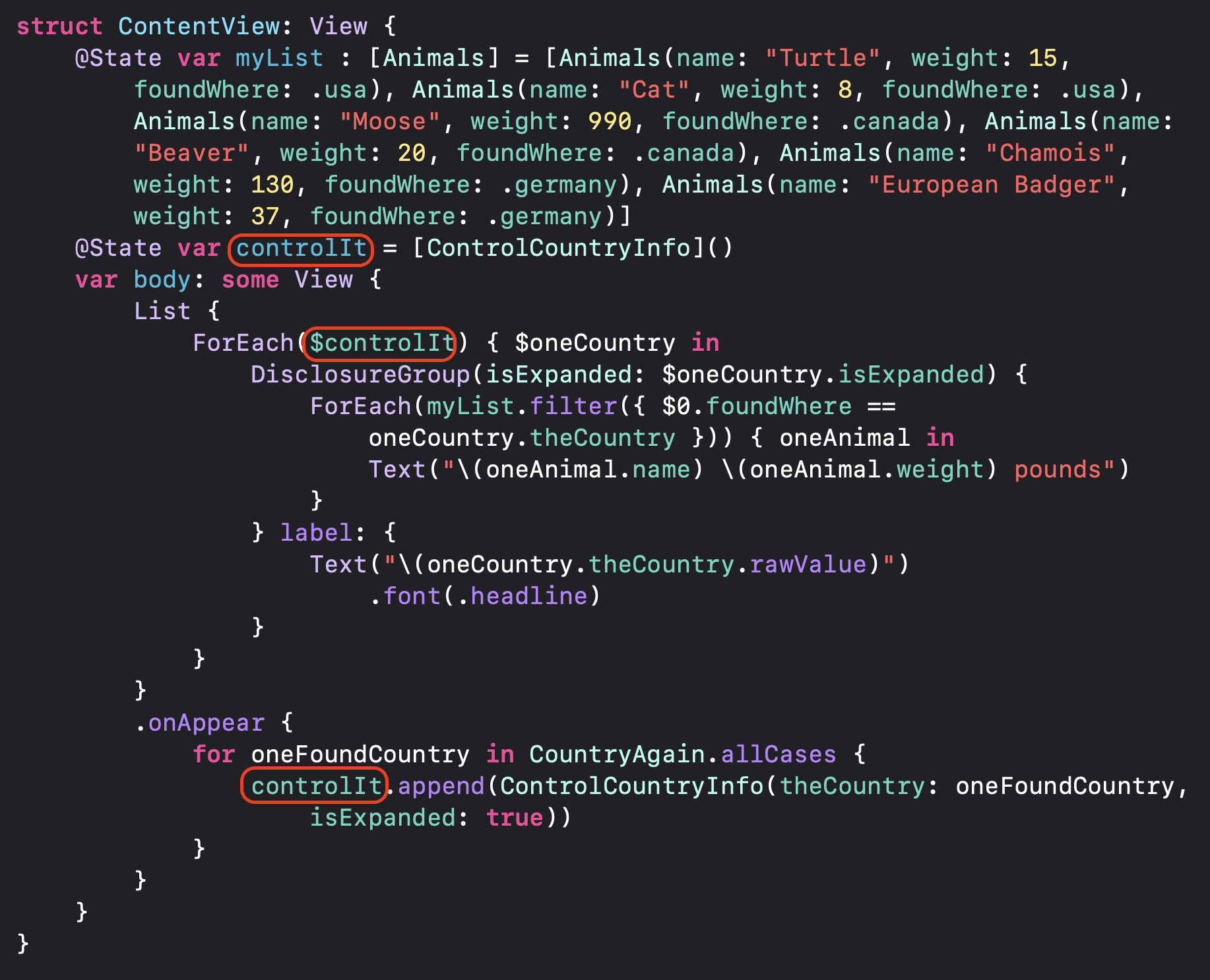 Code example where the DisclosureGroup control is via a local State variable array.