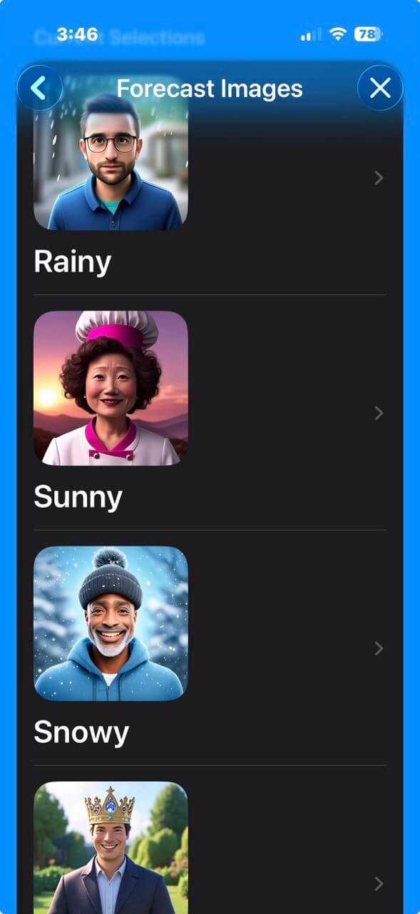 A screenshot of Please Don’t Rain showing a selection of forecast images of various people for each weather condition.