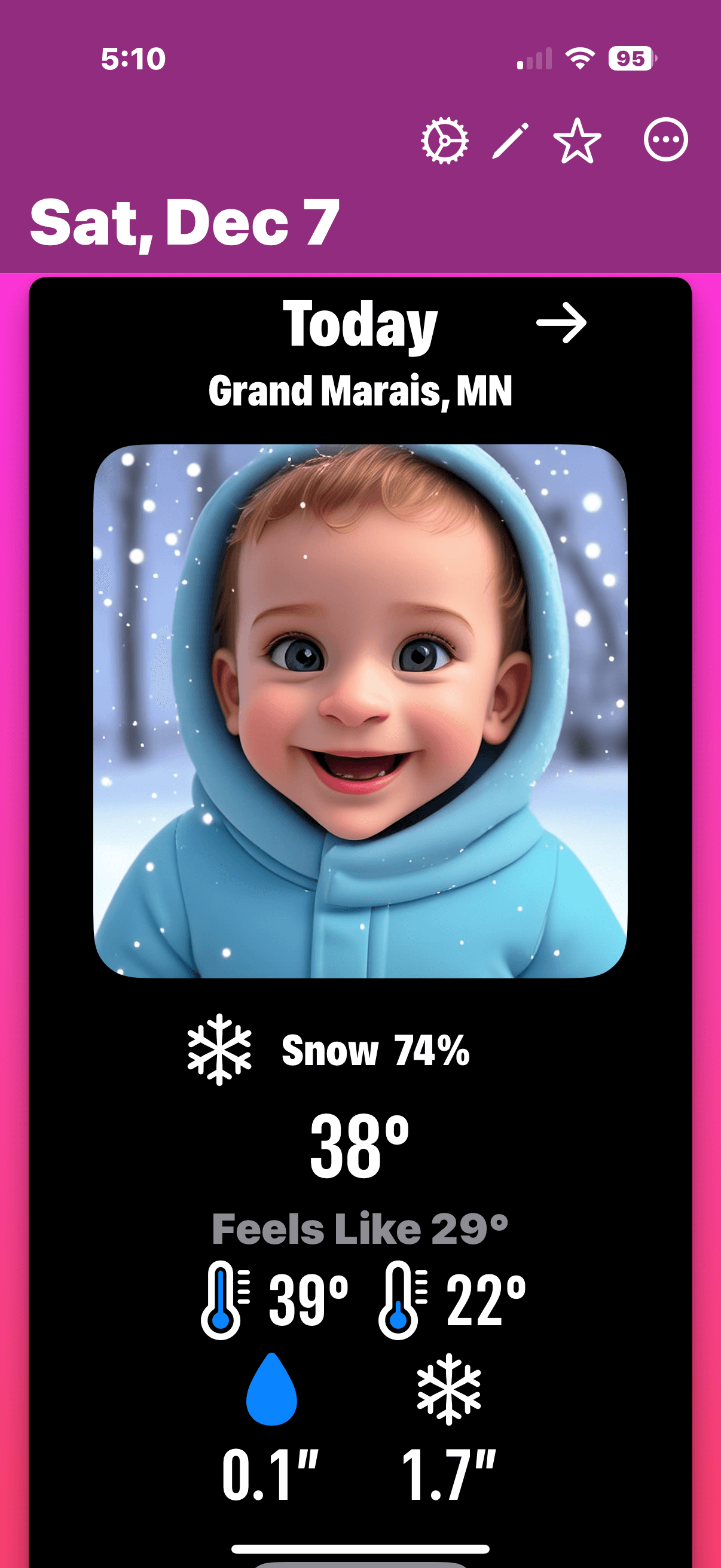 A screenshot of Please Don’t Rain showing a snowy forecast for Grand Marais, MN with a smiling baby image..