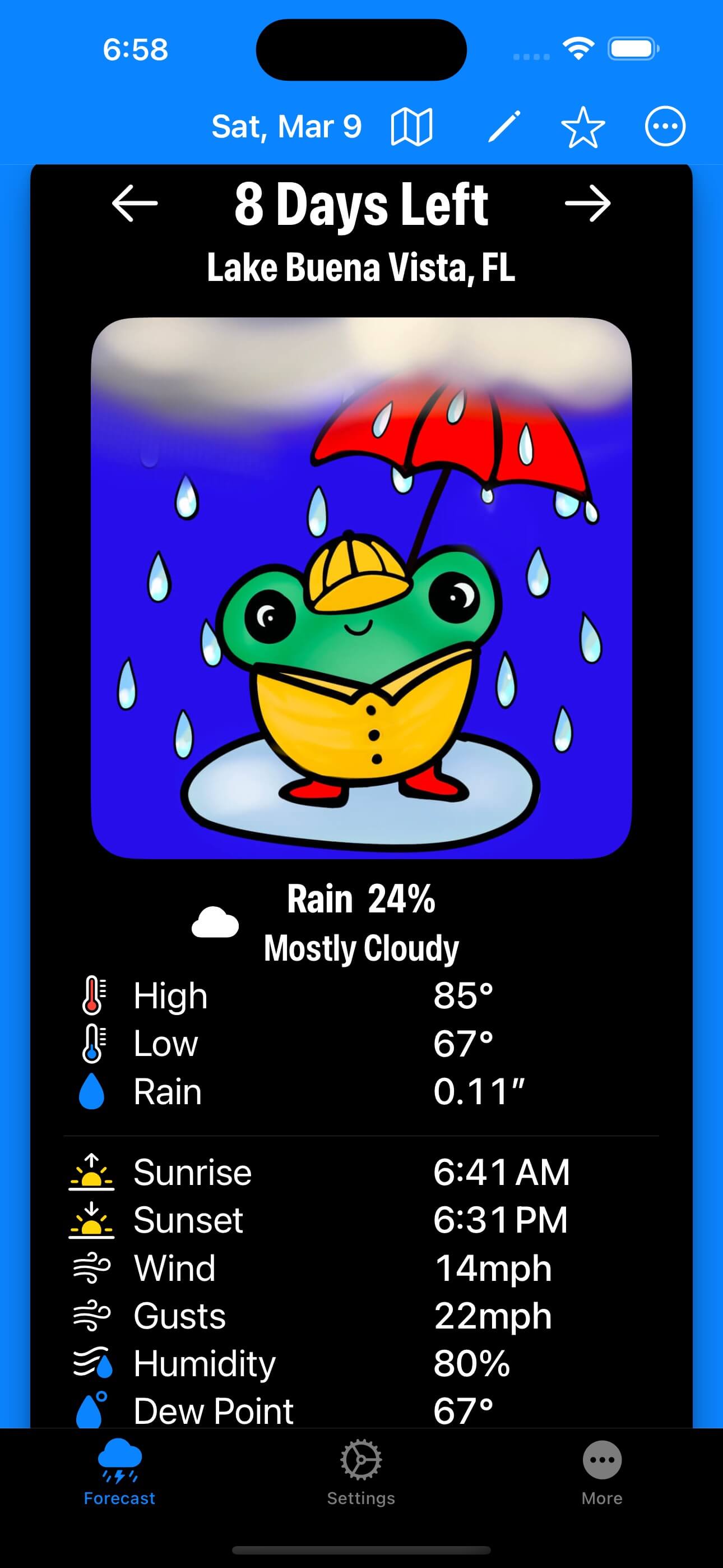 A screenshot of Please Don&rsquo;t Rain showing the forecast for Orlando with a smiling puppy image present.