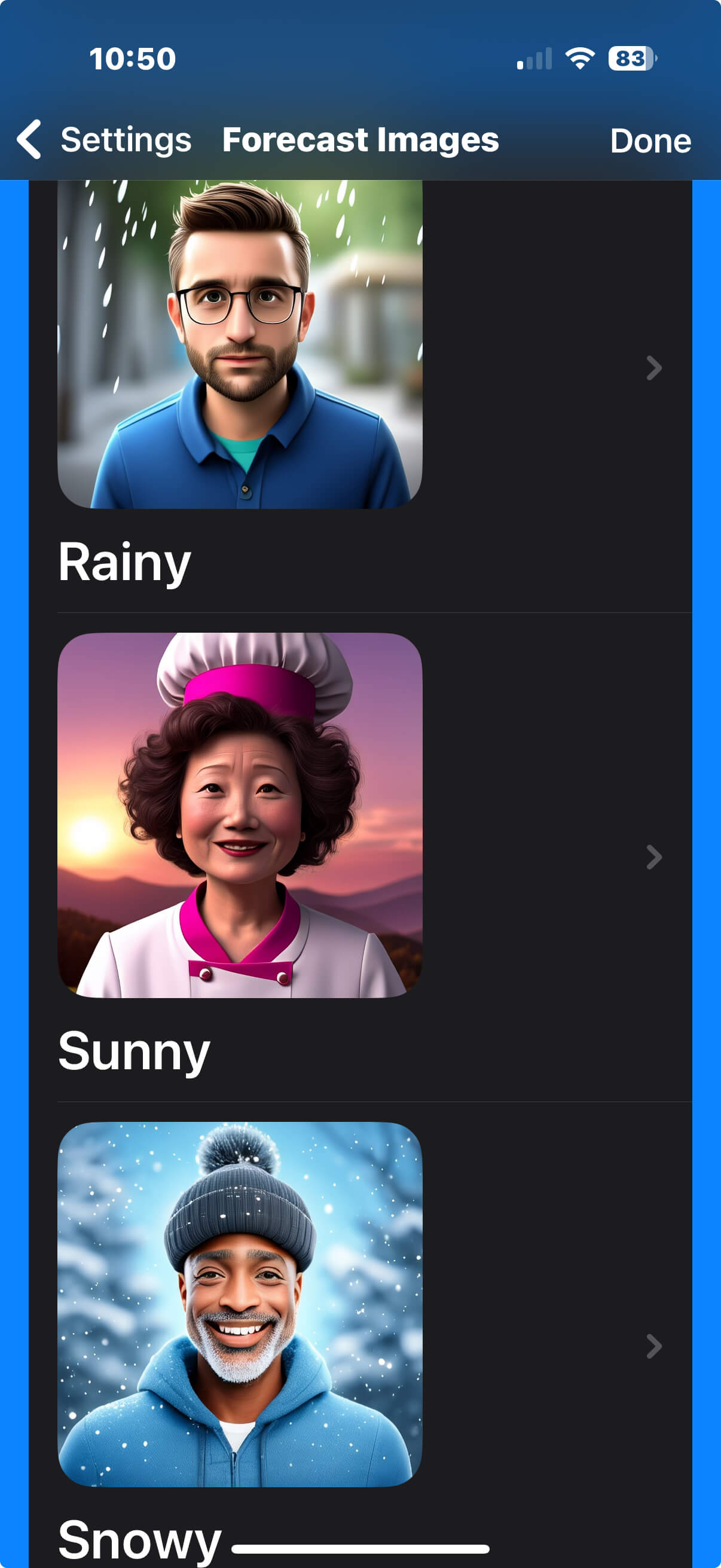 A screenshot of Please Don’t Rain showing a selection of forecast images of various people for each weather condition.