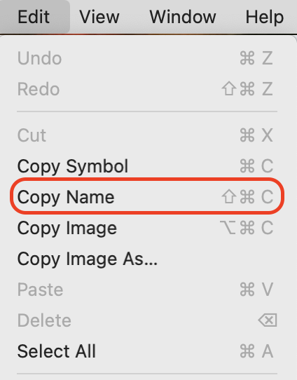 The Edit Menu from the SF Symbols app. &ldquo;Copy Name&rdquo; is highlighted.