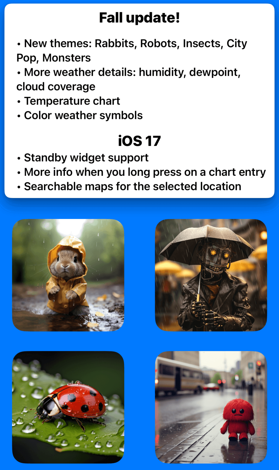 A list of new features and four new rain images. There are pictures of a rabbit in a raincoat, a robot holding an umbrella, a ladybug on a rain covered leaf, and a monster in smoky clouds.