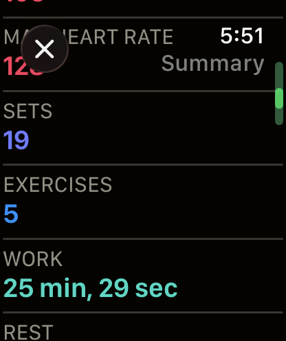 A watch summary screen showing statistics such as number of sets, exercises, and work time.