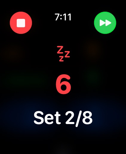 A Tabata timer showing 6 seconds left in a rest phase of set 2 of 8. There is a symbol of Z&rsquo;s showing we are resting.