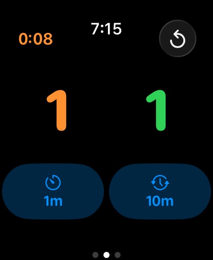 Two large counters are positioned above the rest counters. The set counter is orange and the exercise count is green.