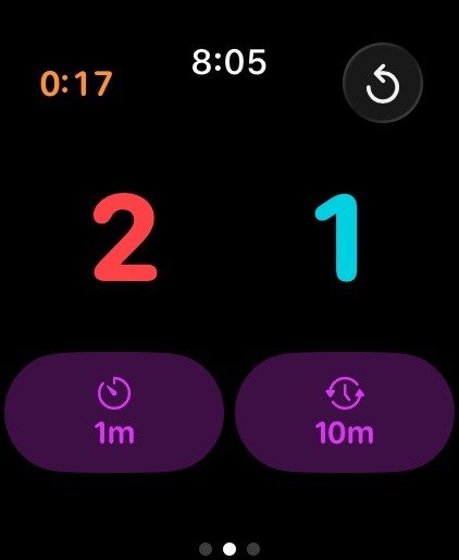 Two large counters are positioned above the rest counters. The set counter is red and the exercise count is cyan.