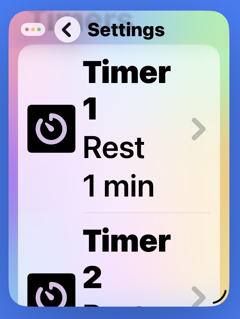 A small sized iPad window using the biggest text. Part of the timer setup screen is visible.