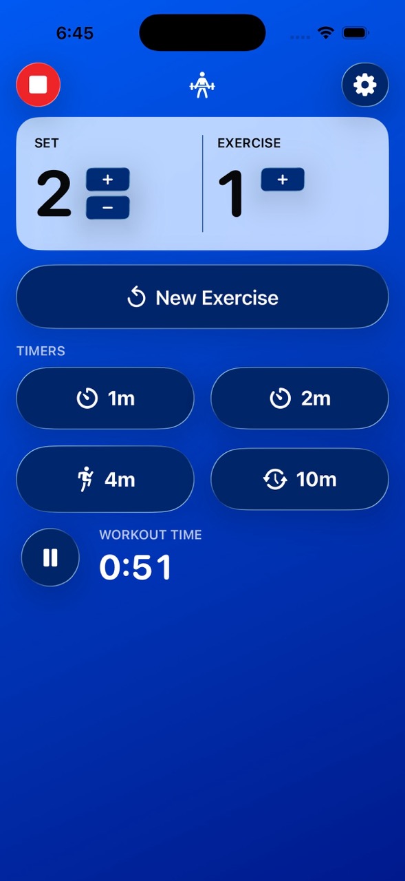 The active workout view. It shows stop and settings buttons, the set/exercise counts, a new exercise button, 4 rest timers, a pause button, and the workout time.