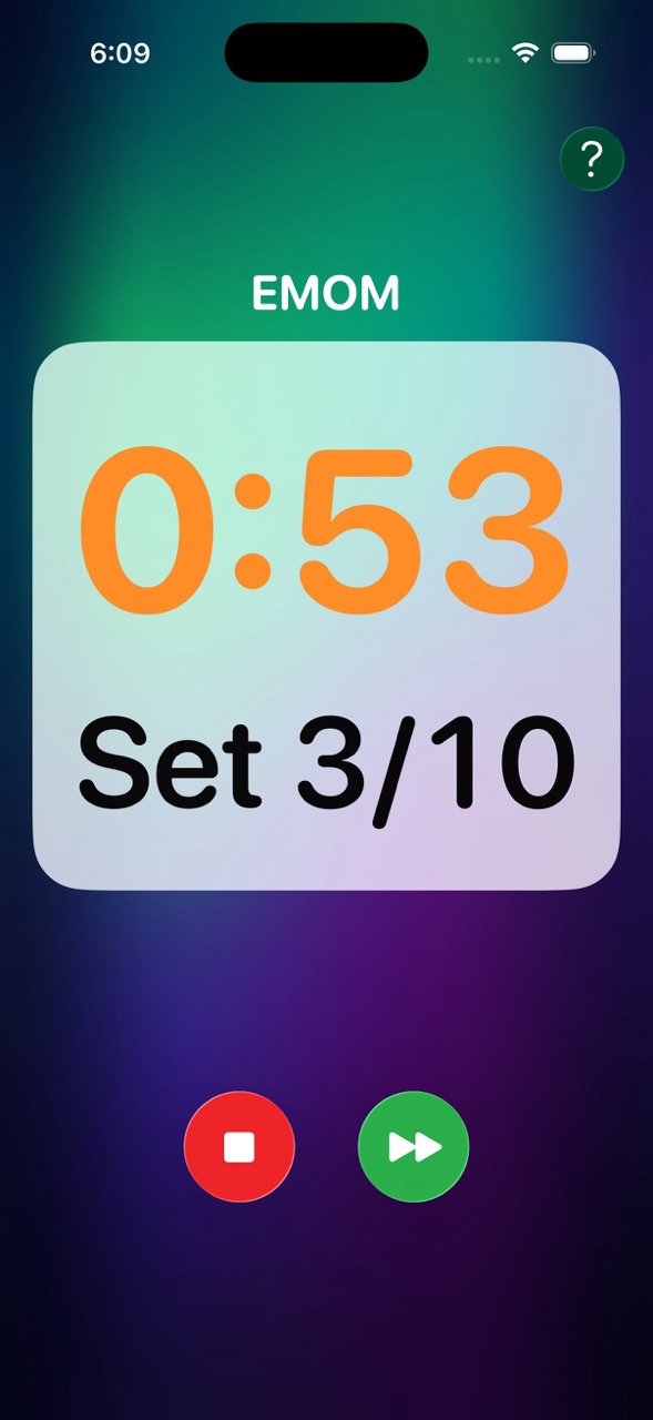 The EMOM timer on iPhone showing 0:53 remaining in Set 3 of 10, with stop and skip buttons.