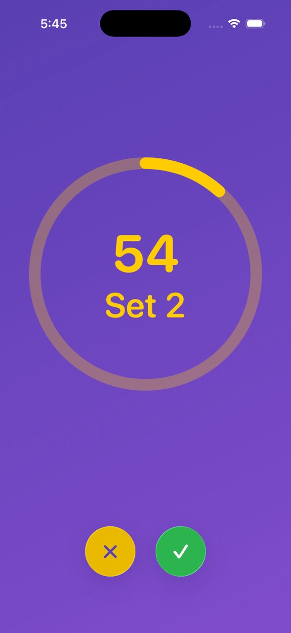 A rest timer on iPhone showing a yellow ring countdown with 54 seconds remaining and 'Set 2', with cancel and submit buttons.