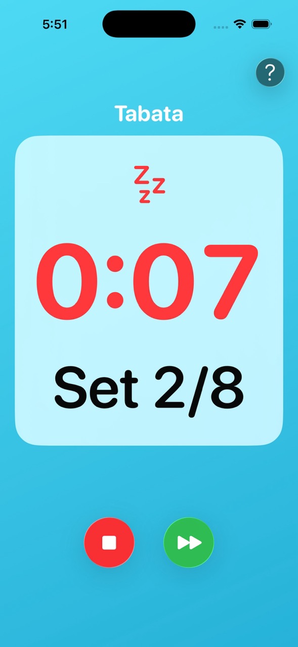 The Tabata timer on iPhone showing 0:07 remaining in the rest phase of Set 2 of 8, with a 'Z's' rest symbol and stop and skip buttons.